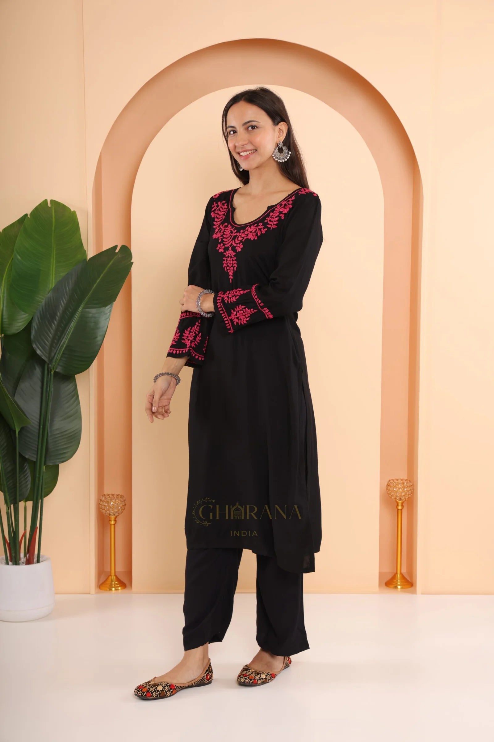 Ishq Modal 2 PC Black Chikankari Kurta set in Pink thread Gharana