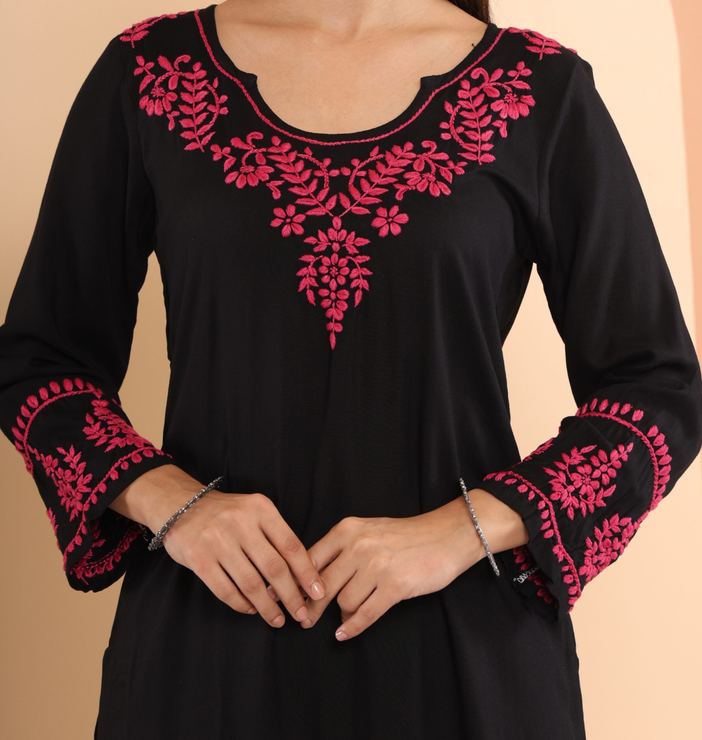 Ishq Modal Black chikankari Kurta in Pink embroidery Gharana