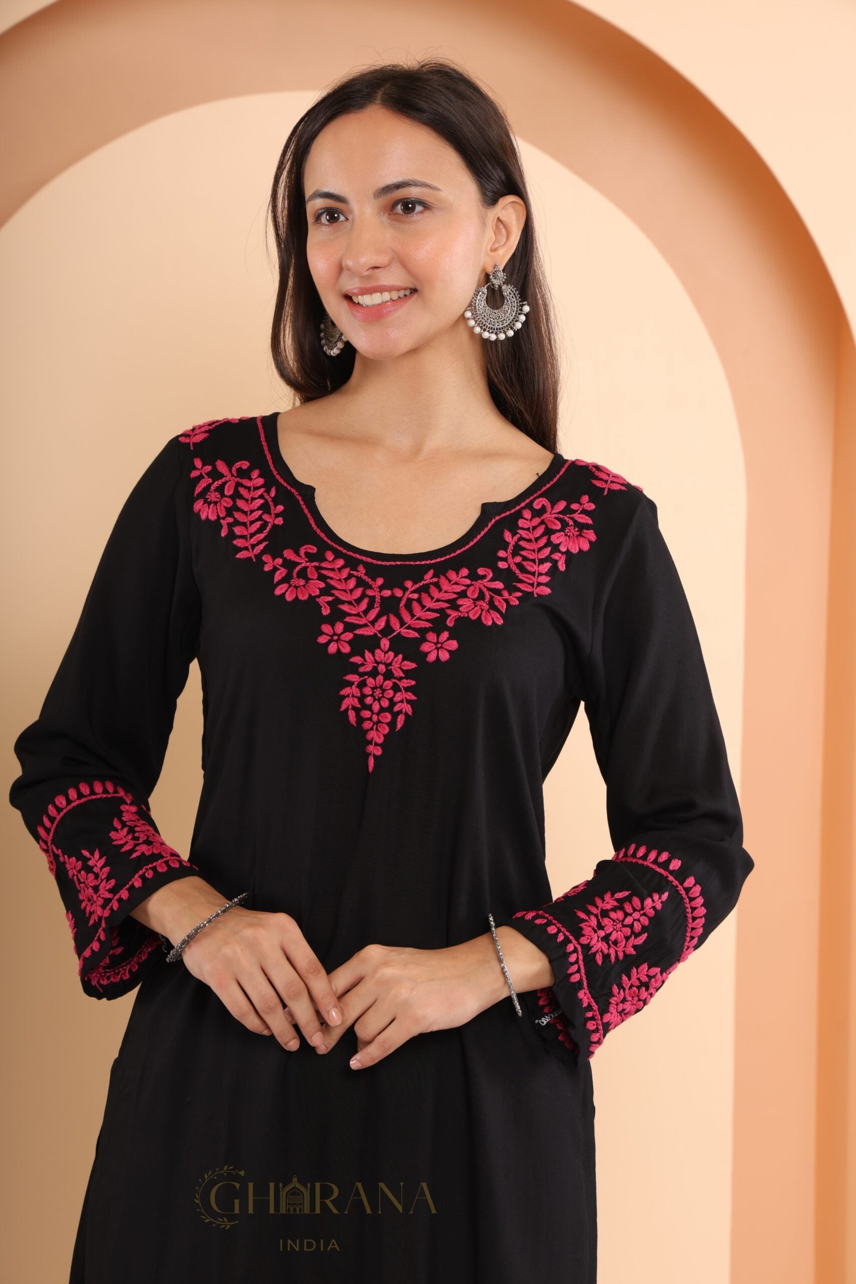 Ishq Modal Black chikankari Kurta in Pink embroidery Gharana