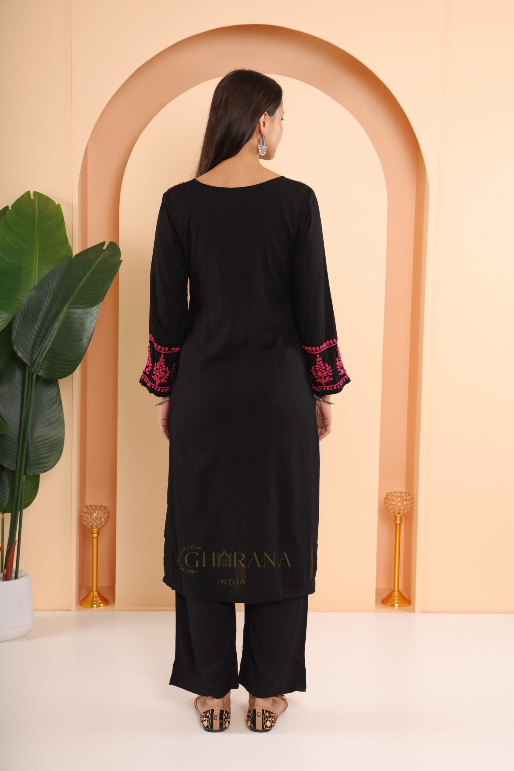 Ishq Modal Black chikankari Kurta in Pink embroidery Gharana