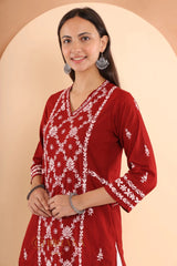 Sahiba Mul Cotton Maroon chikankari Kurta with intricate embroidery. Gharana