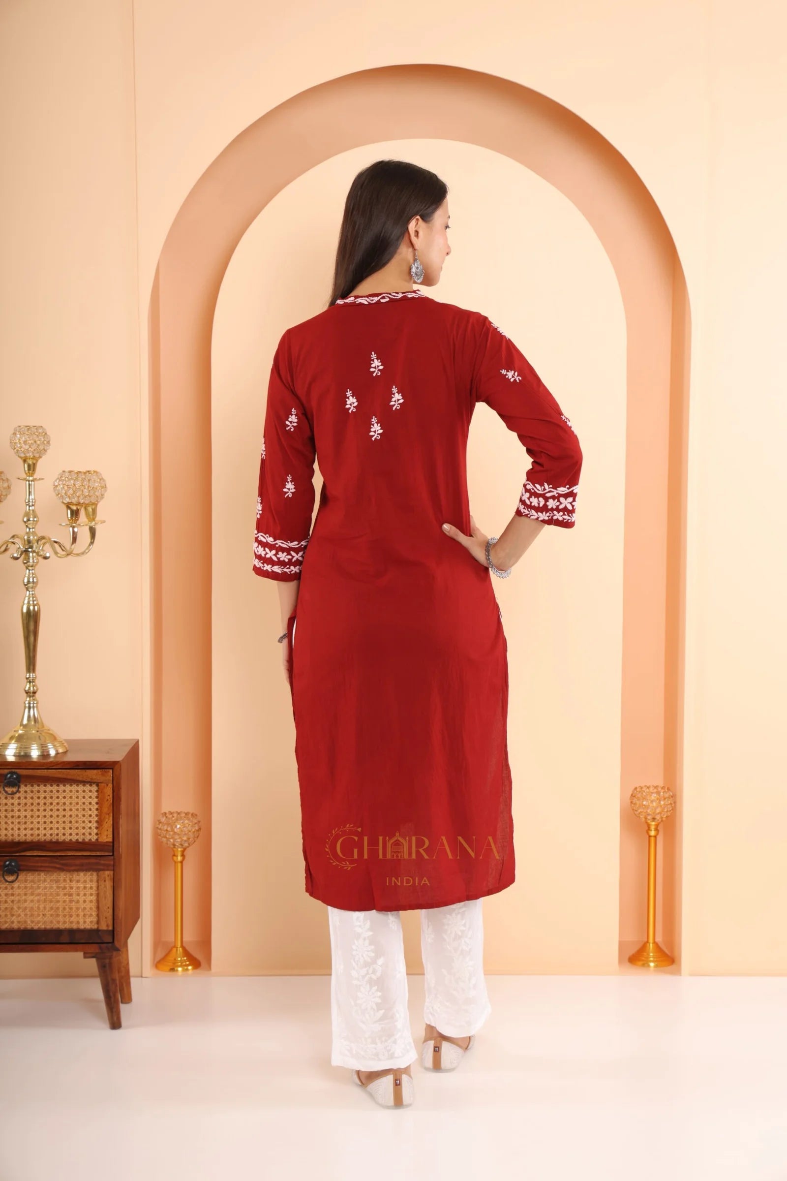 Sahiba Mul Cotton Maroon chikankari Kurta with intricate embroidery. Gharana