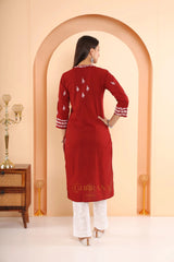 Sahiba Mul Cotton Maroon chikankari Kurta with intricate embroidery. Gharana