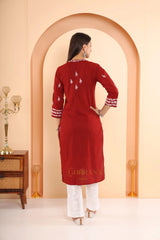 Sahiba Mul Cotton Maroon chikankari Kurta with intricate embroidery. Gharana