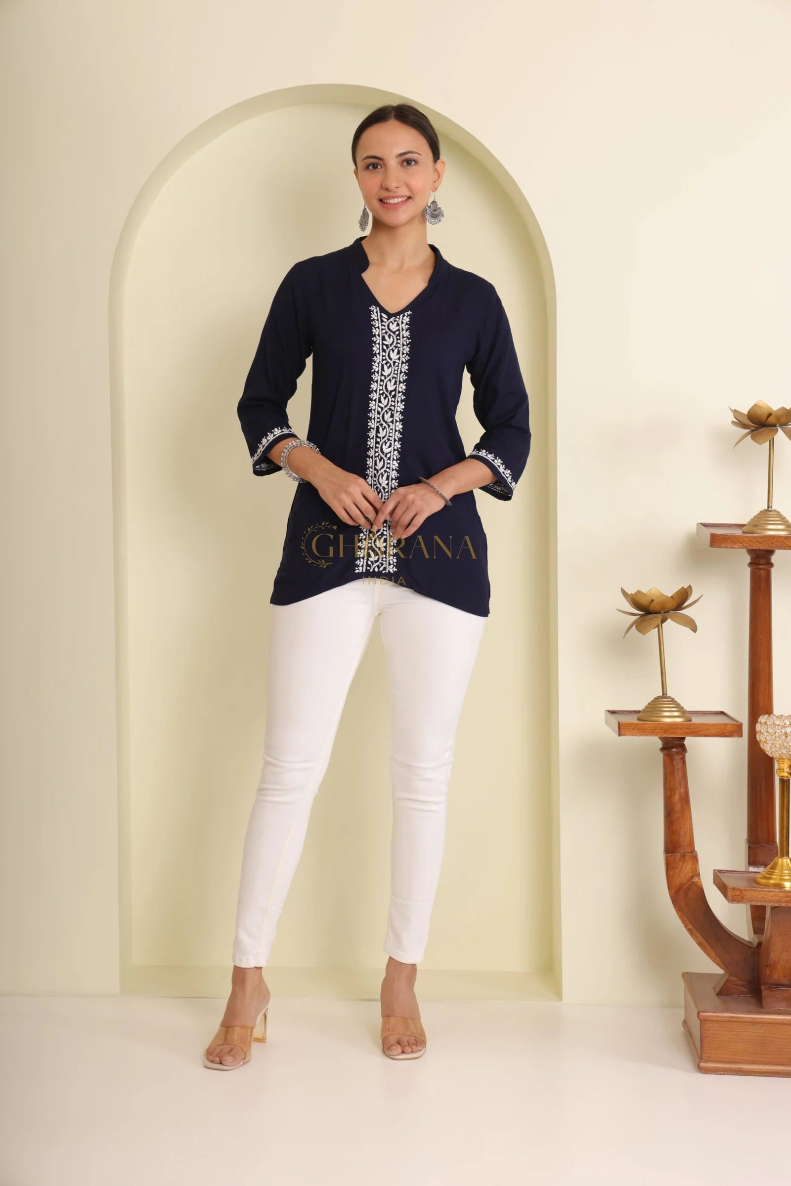 Ishq Rayon Navy Blue Chikankari Top with fine embroidery Gharana