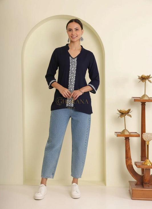 Ishq Rayon Navy Blue Chikankari Top with fine embroidery Gharana