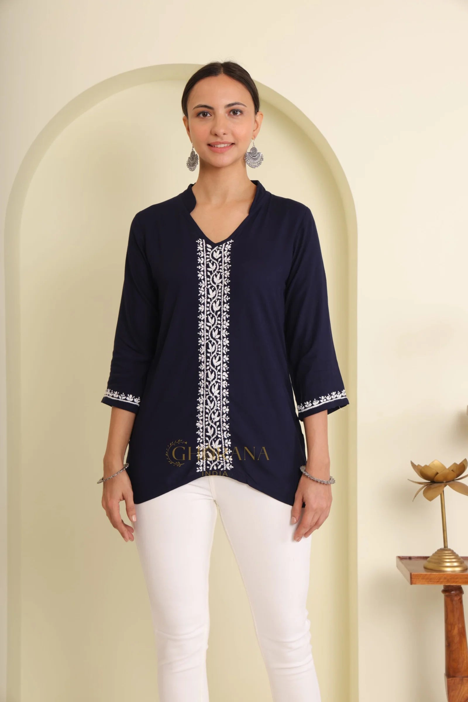 Ishq Rayon Navy Blue Chikankari Top with fine embroidery Gharana