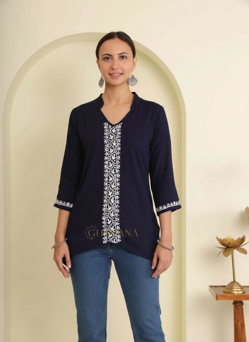 Ishq Rayon Navy Blue Chikankari Top with fine embroidery Gharana