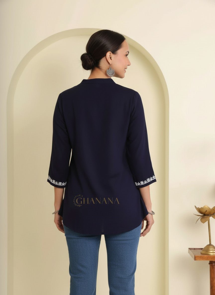 Ishq Rayon Navy Blue Chikankari Top with fine embroidery Gharana