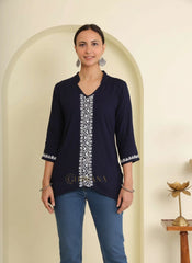 Ishq Rayon Navy Blue Chikankari Top with fine embroidery Gharana