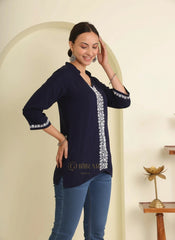 Ishq Rayon Navy Blue Chikankari Top with fine embroidery Gharana