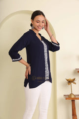 Ishq Rayon Navy Blue Chikankari Top with fine embroidery Gharana