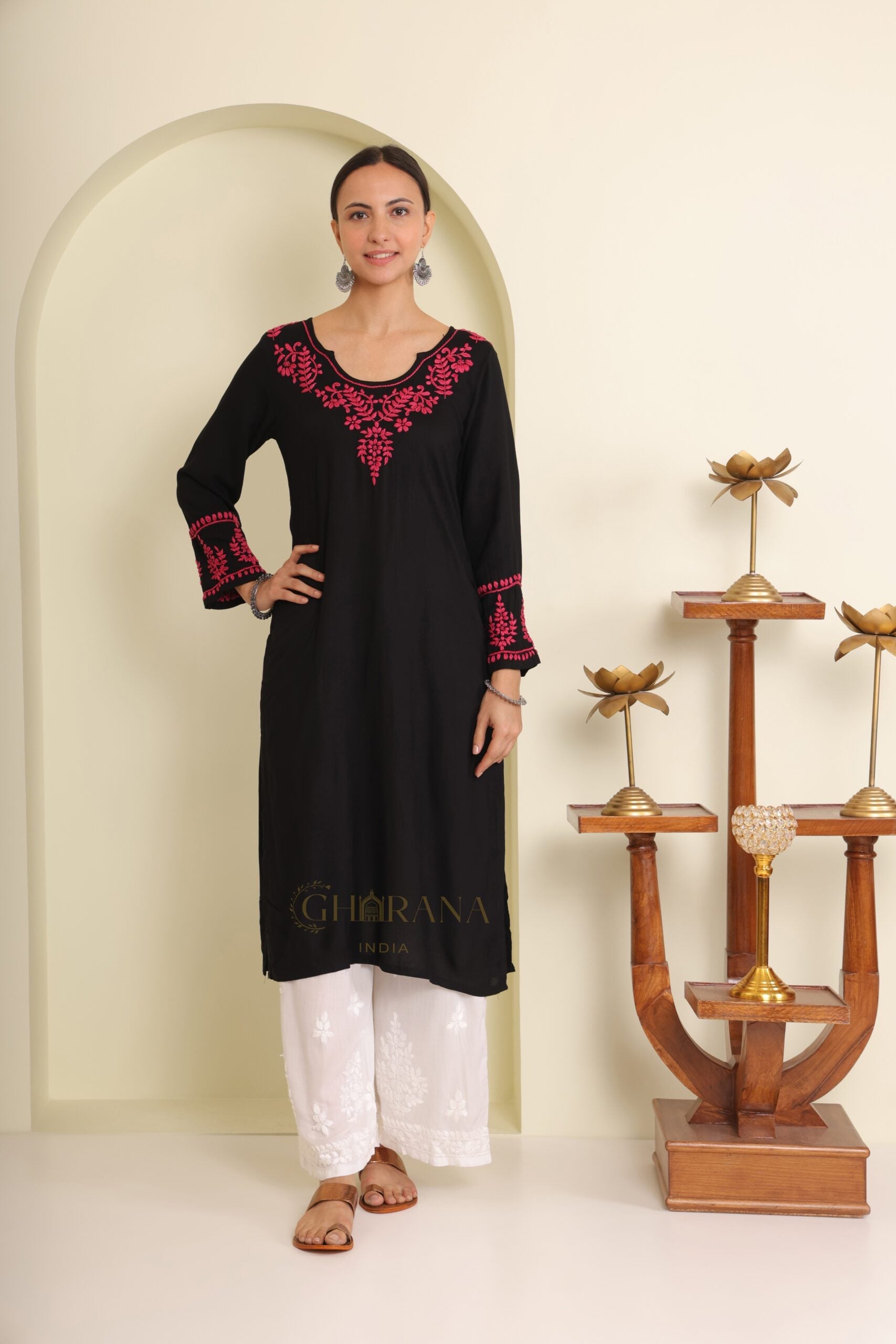 Ishq Modal Black chikankari Kurta in Pink embroidery Gharana