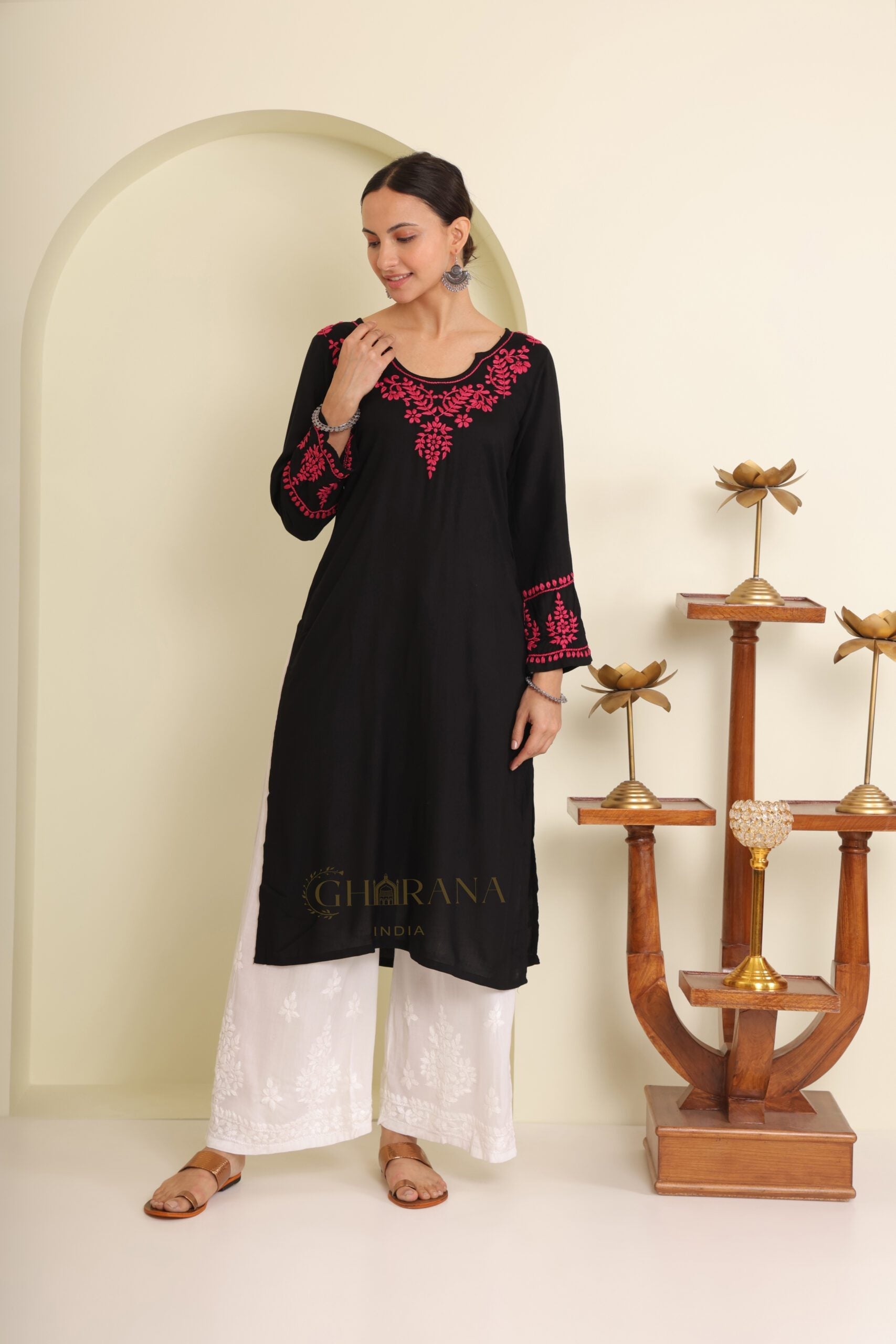 Ishq Modal Black chikankari Kurta in Pink embroidery Gharana