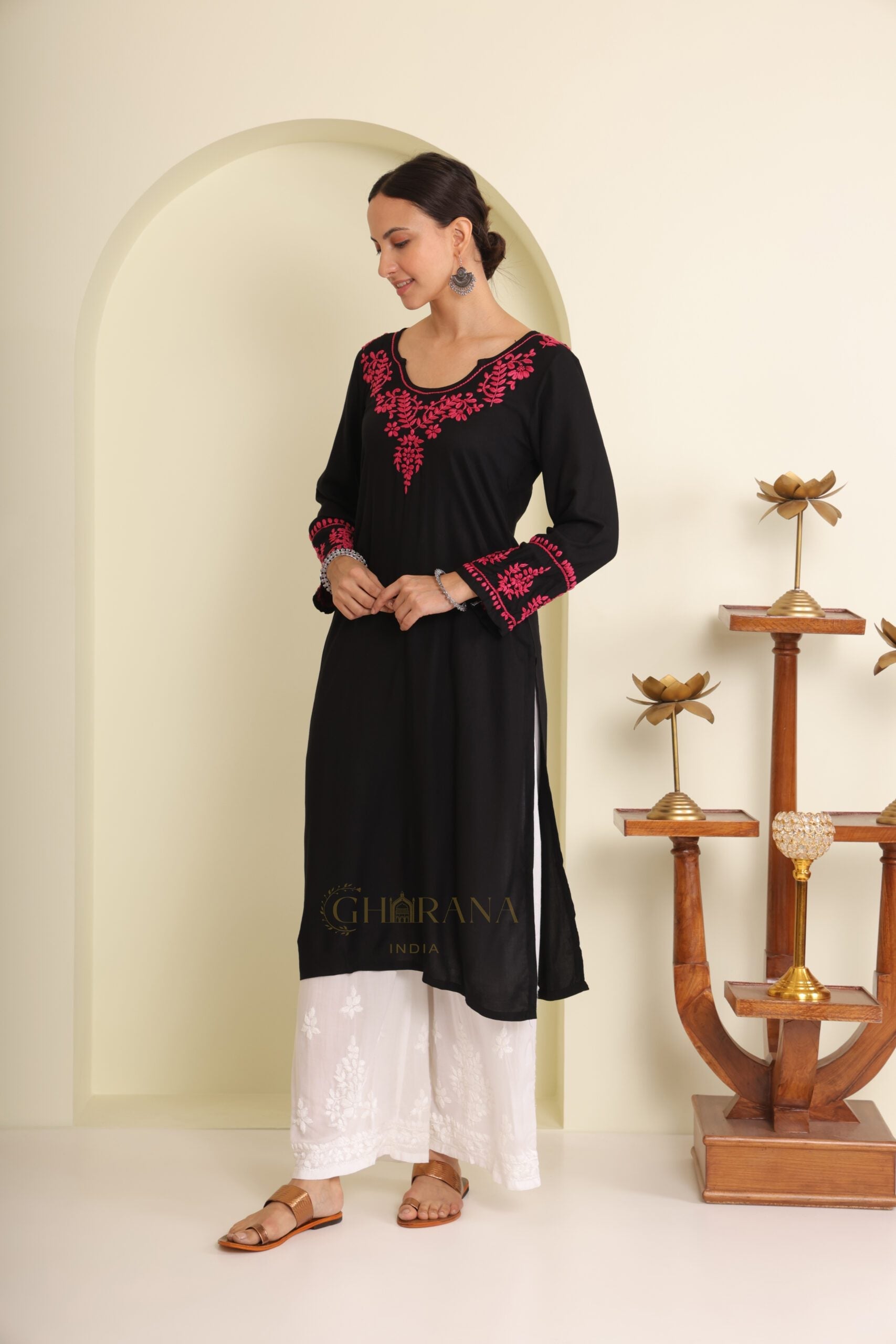 Ishq Modal Black chikankari Kurta in Pink embroidery Gharana
