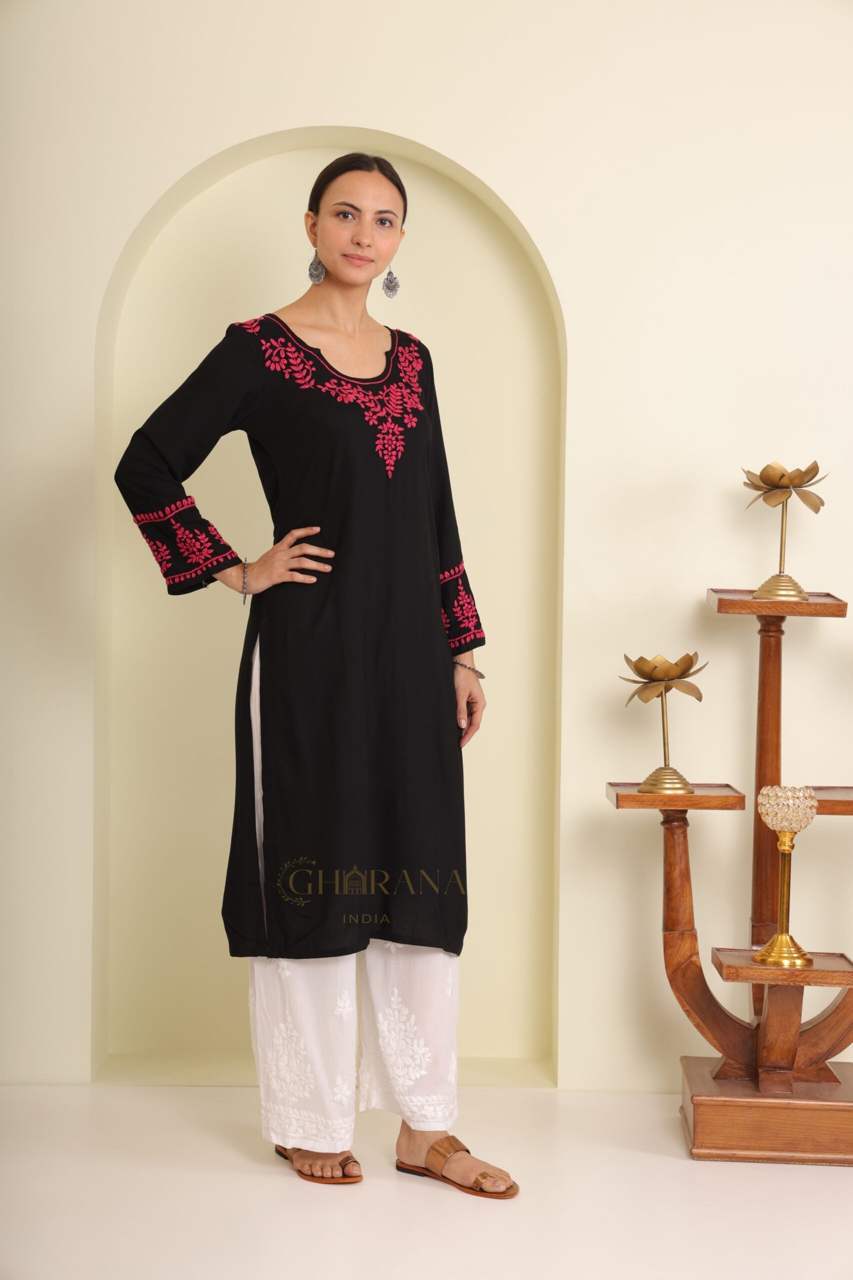 Ishq Modal Black chikankari Kurta in Pink embroidery Gharana