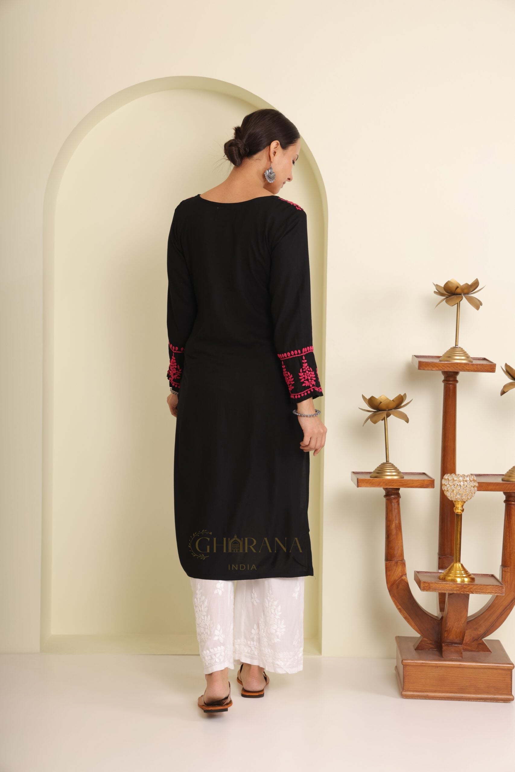 Ishq Modal Black chikankari Kurta in Pink embroidery Gharana