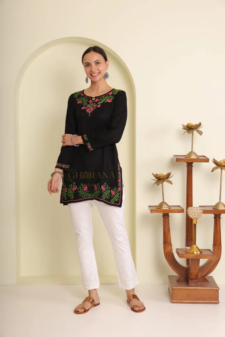 Ishq Modal Black chikankari Short Kurta in green and Pink Gharana