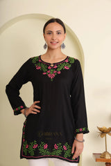 Ishq Modal Black chikankari Short Kurta in green and Pink Gharana
