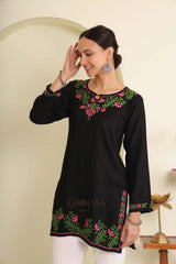 Ishq Modal Black chikankari Short Kurta in green and Pink Gharana