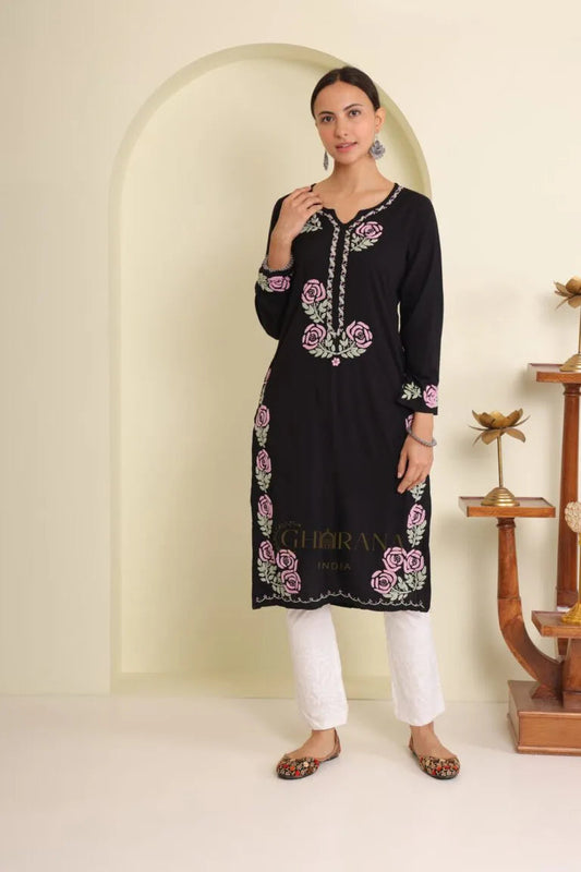 Ishq Luxury Rayon Black Chikankari Kurta in light Green and Pink Gharana