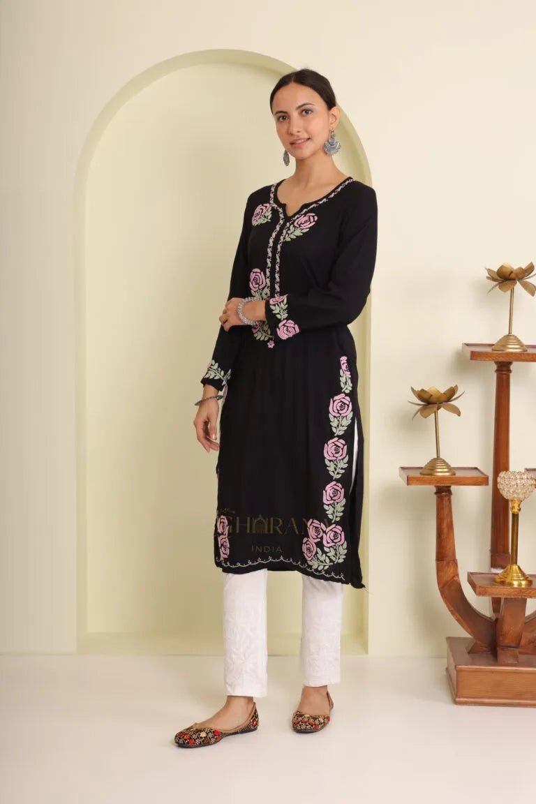 Ishq Luxury Rayon Black Chikankari Kurta in light Green and Pink Gharana