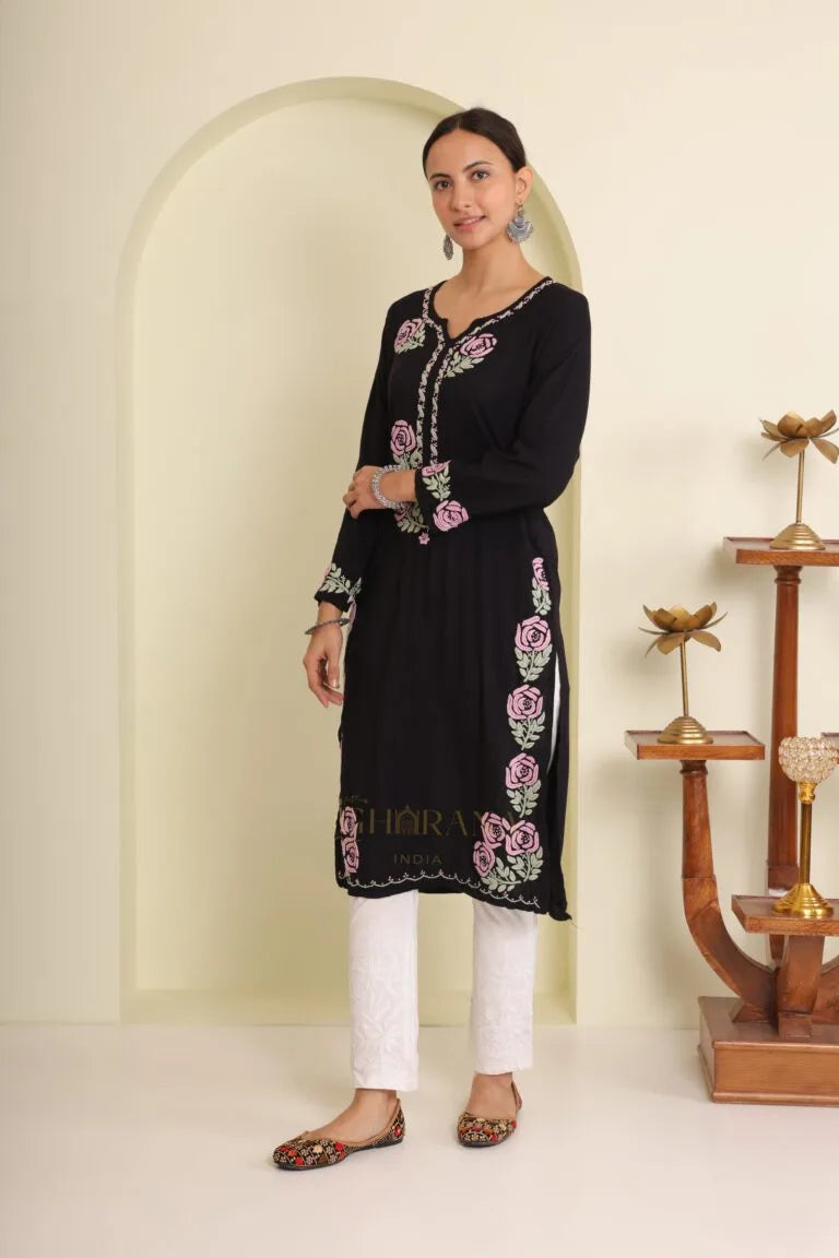 Ishq Luxury Rayon Black Chikankari Kurta in light Green and Pink Gharana