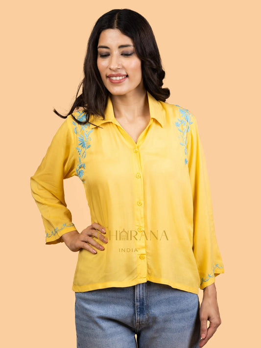 Sahiba Premium Modal Cotton Lime Yellow Chikankari Top Gharana