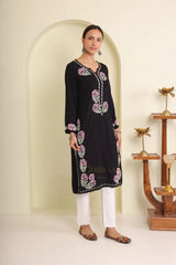 Ishq Luxury Rayon Black Chikankari Kurta in light Green and Pink Gharana