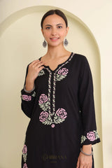 Ishq Luxury Rayon Black Chikankari Kurta in light Green and Pink Gharana