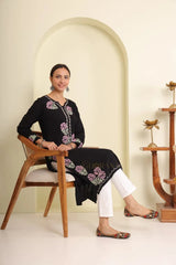 Ishq Luxury Rayon Black Chikankari Kurta in light Green and Pink Gharana