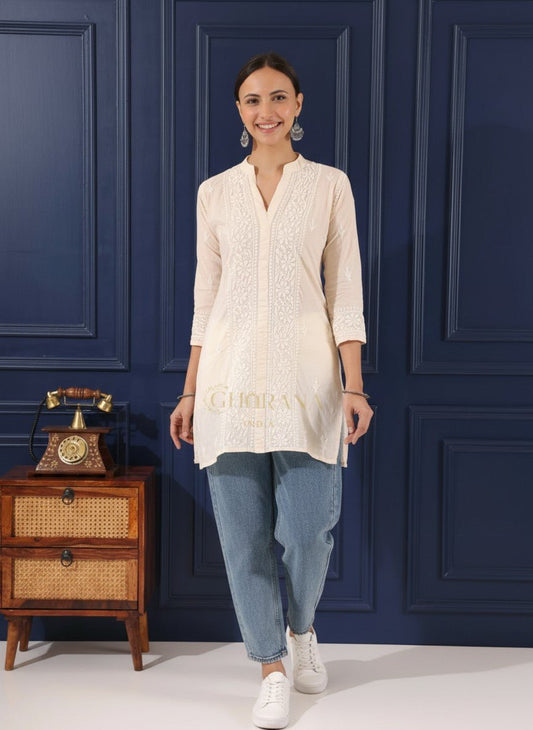 Ishq Mul Cotton Beige chikankari Top Gharana