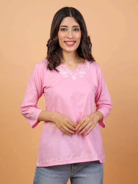 Sahiba Pure Cotton Pink Chikankari Short Top Gharana