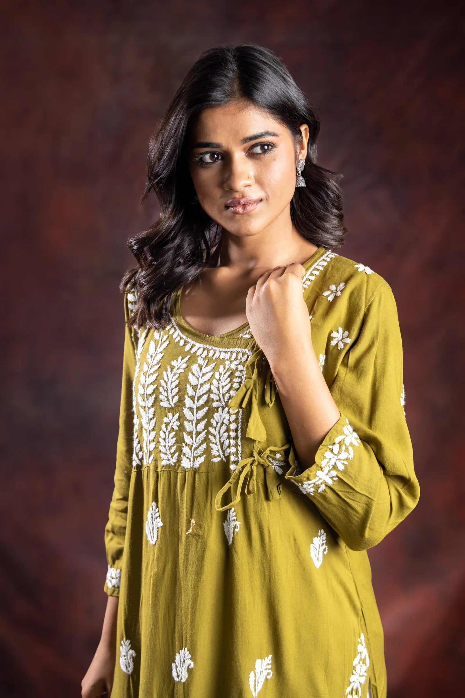 Ishq Rayon Olive Green Angrakha Style Chikankari kurta Gharana