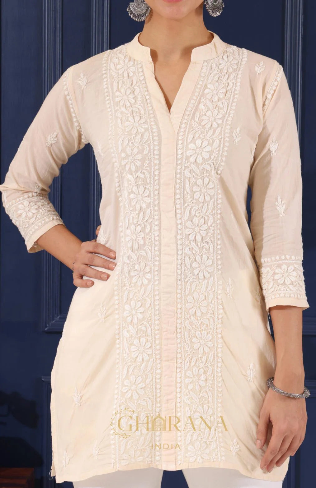Ishq Mul Cotton Beige chikankari Top Gharana