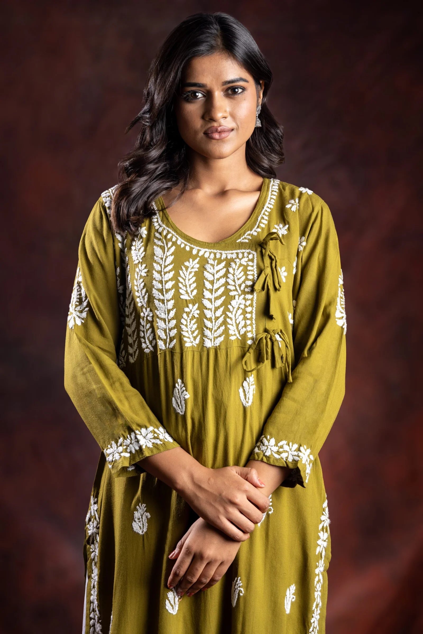 Ishq Rayon Olive Green Angrakha Style Chikankari kurta Gharana