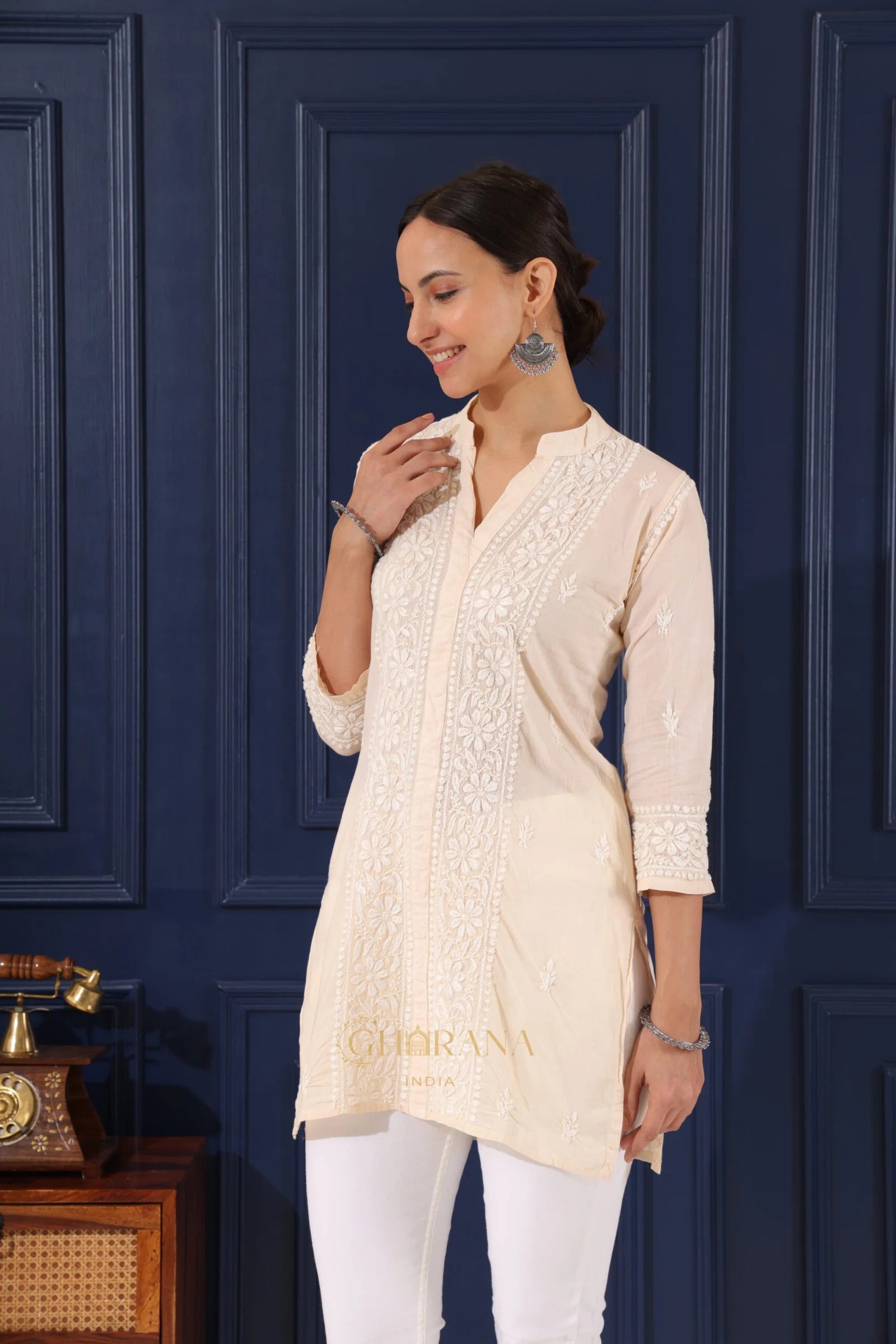 Ishq Mul Cotton Beige chikankari Top Gharana