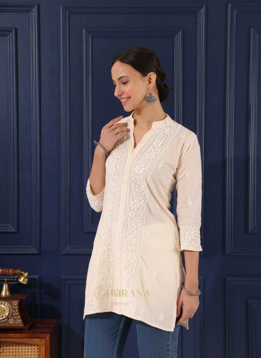 Ishq Mul Cotton Beige chikankari Top Gharana