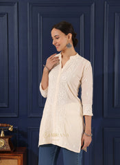 Ishq Mul Cotton Beige chikankari Top Gharana
