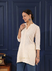 Ishq Mul Cotton Beige chikankari Top Gharana