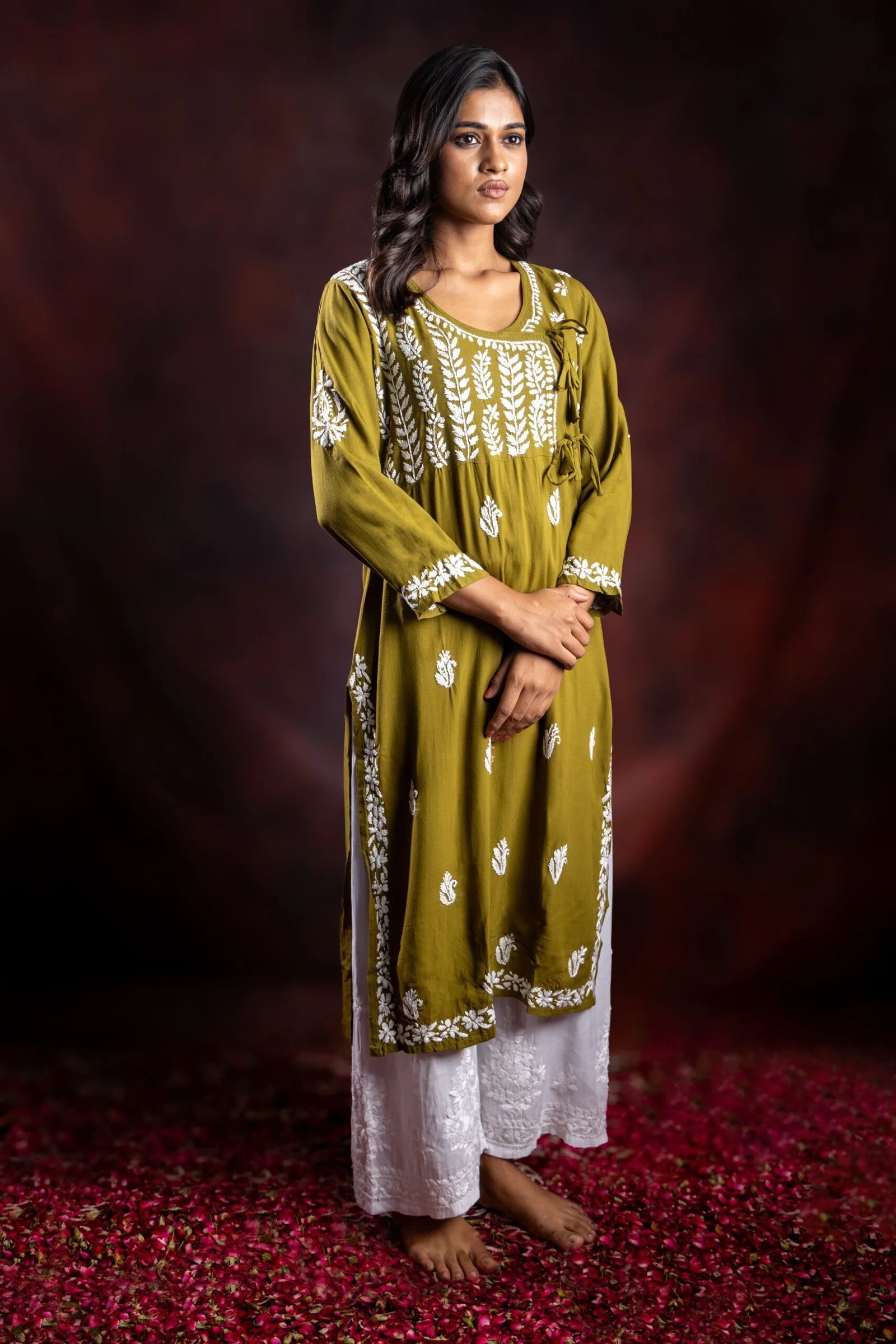 Ishq Rayon Olive Green Angrakha Style Chikankari kurta Gharana