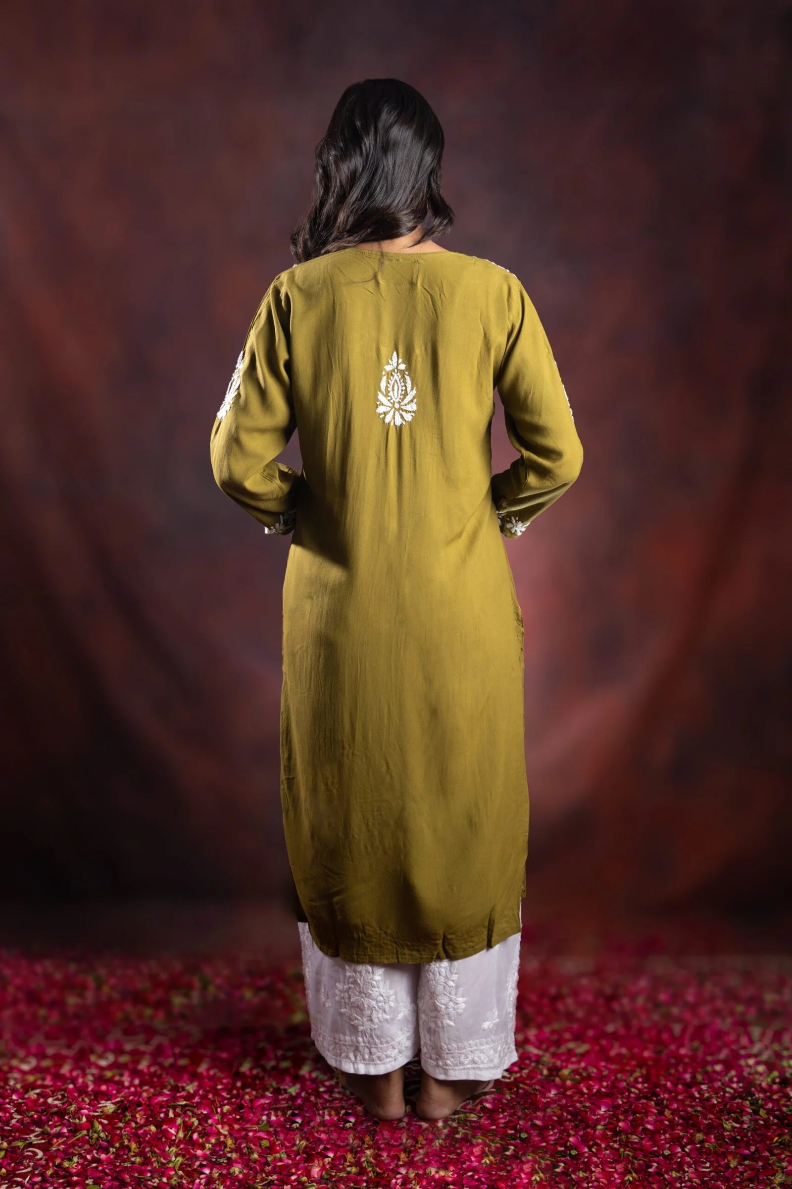 Ishq Rayon Olive Green Angrakha Style Chikankari kurta Gharana