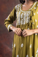 Ishq Rayon Olive Green Angrakha Style Chikankari kurta Gharana
