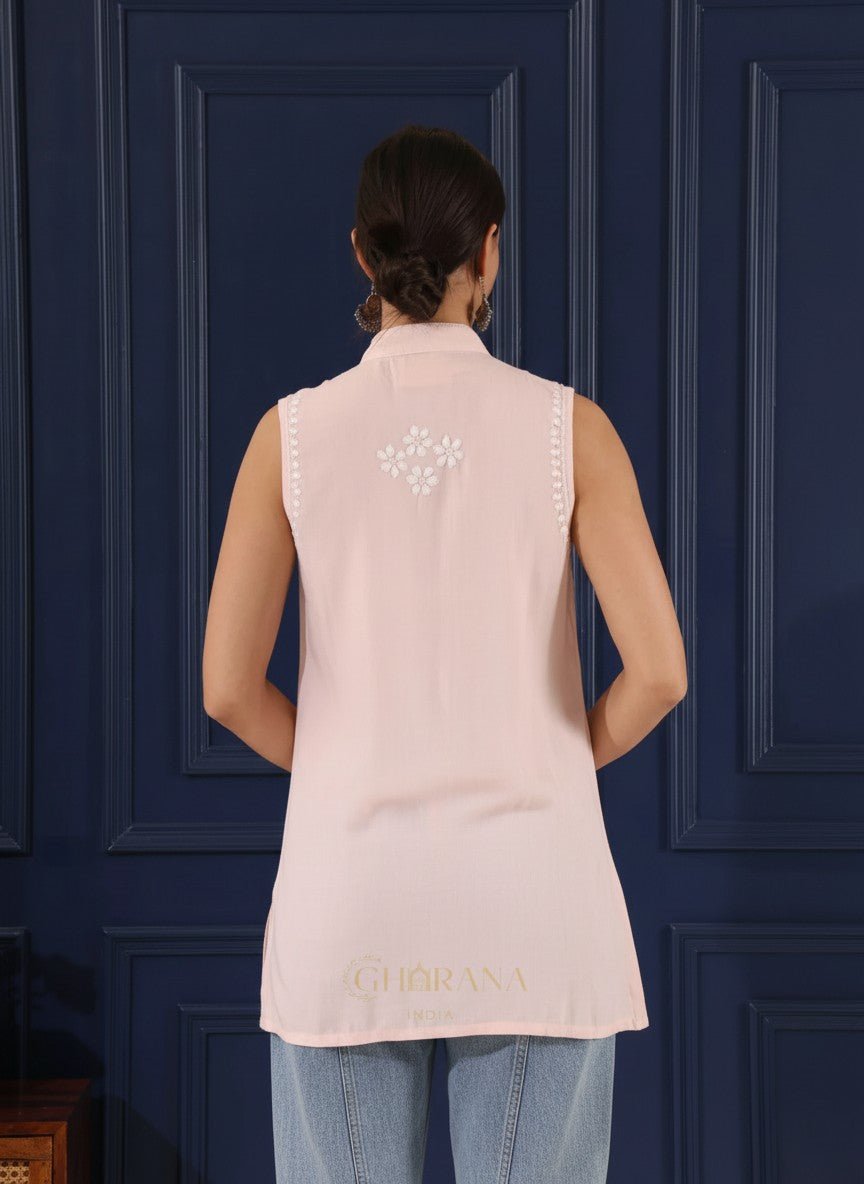 Heer Modal Baby Pink chikankari Top Gharana