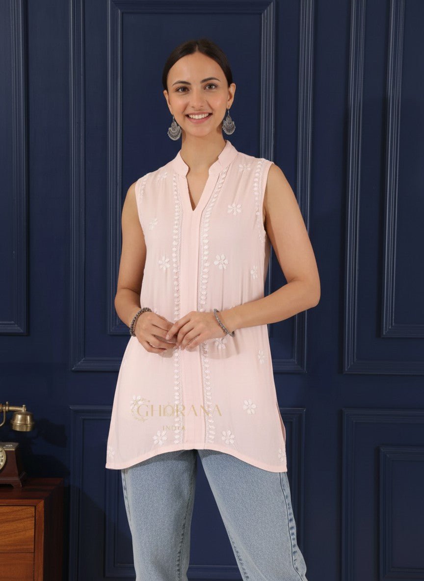Heer Modal Baby Pink chikankari Top Gharana