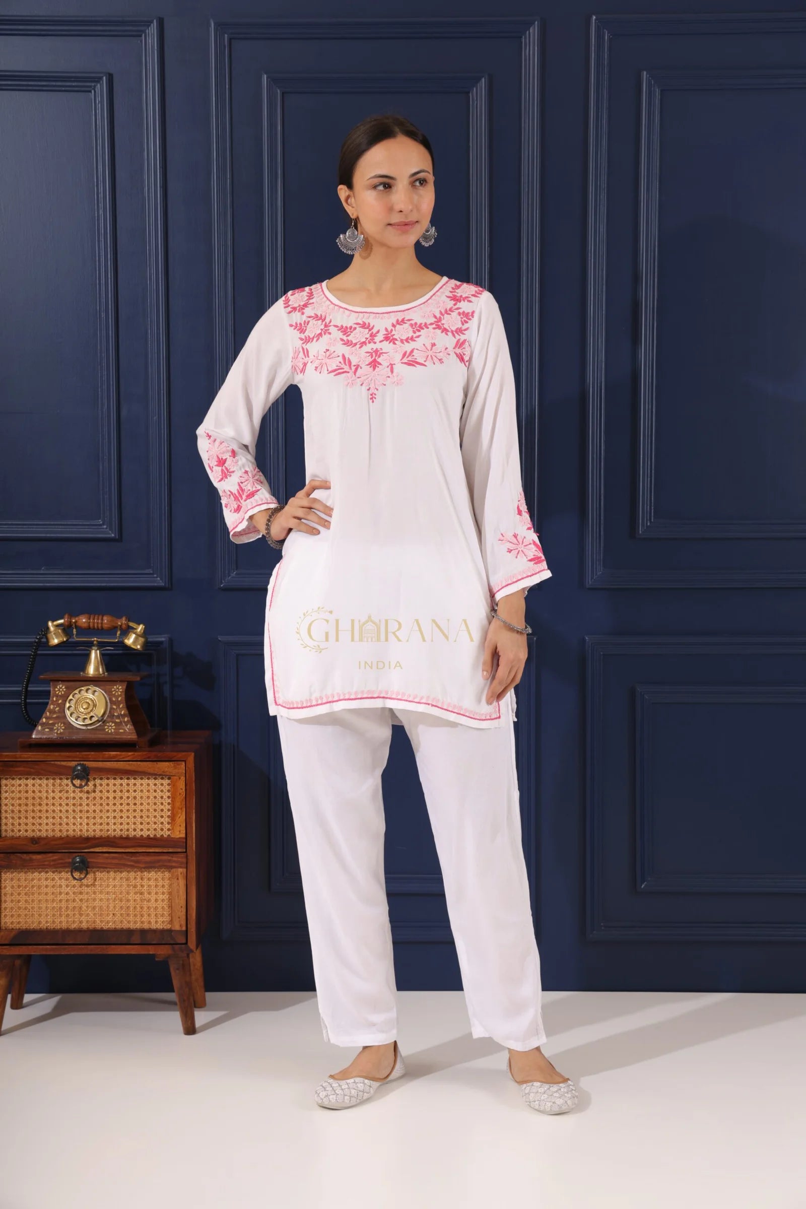 Heer Half Modal White Short Chikankari Kurta Gharana
