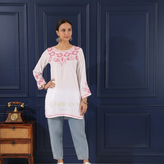 Heer Modal White Short Chikankari Kurta Gharana