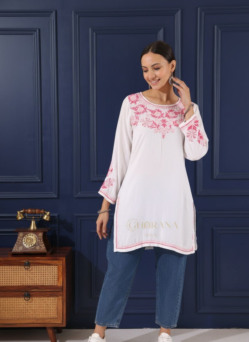 Heer Modal White Short Chikankari Kurta Gharana