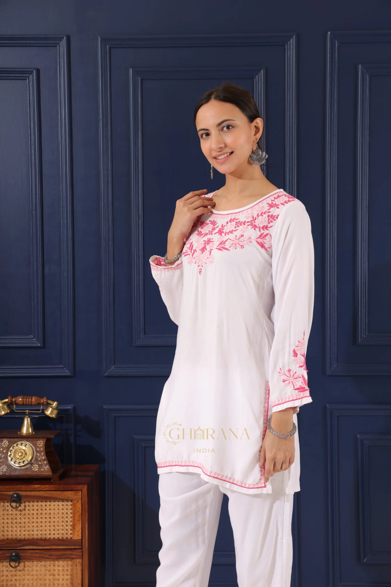 Heer Half Modal White Short Chikankari Kurta Gharana