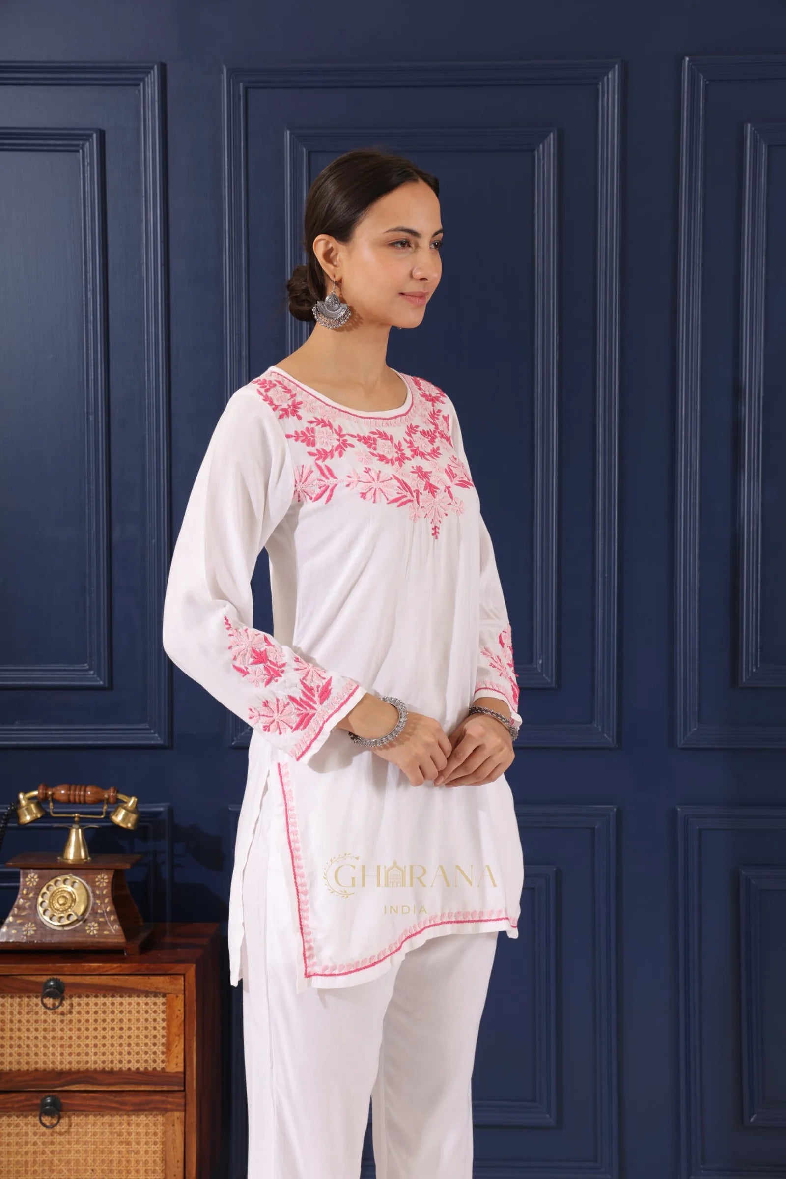 Heer Half Modal White Short Chikankari Kurta Gharana